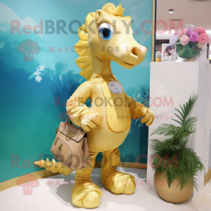 Gold Sea Horse mascot costume character dressed with a Shorts and Handbags