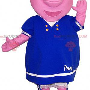 Mascote da porca rosa com um lindo vestido azul. -