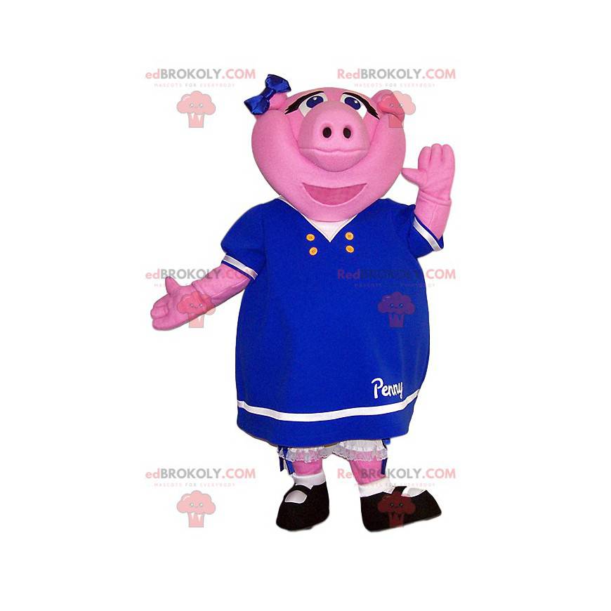 Mascote da porca rosa com um lindo vestido azul. -