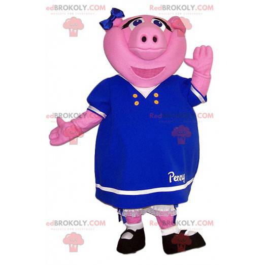 Mascote da porca rosa com um lindo vestido azul. -