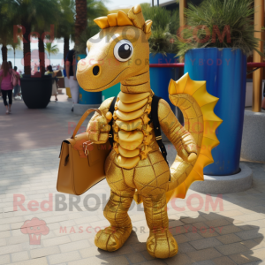 Gold Sea Horse mascot costume character dressed with a Shorts and Handbags