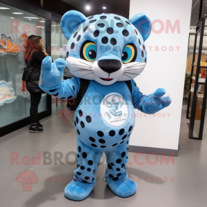 Blue Leopard mascot costume character dressed with a Romper and Messenger bags