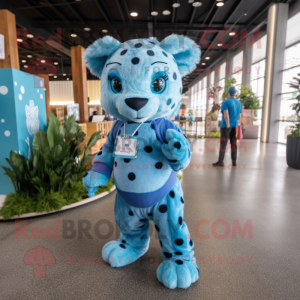 Blue Leopard mascot costume character dressed with a Romper and Messenger bags