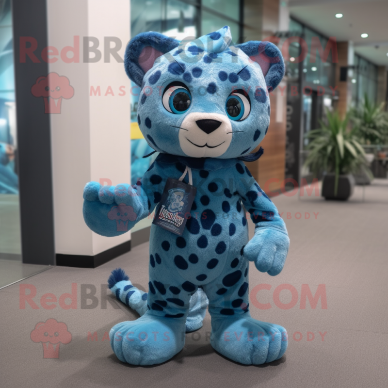 Blue Leopard mascot costume character dressed with a Romper and Messenger bags
