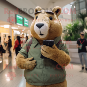 Olive Capybara mascot costume character dressed with a Mom Jeans and Digital watches