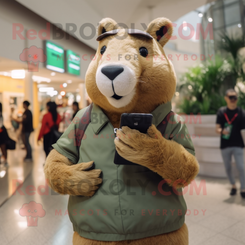 Olive Capybara mascot costume character dressed with a Mom Jeans and Digital watches Olive Capybara mascot costume character dressed with a Mom Jeans and Digital watches