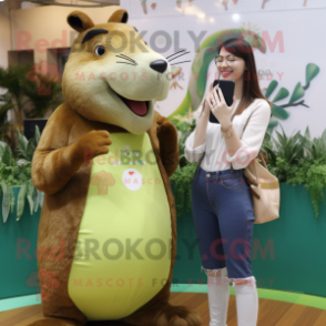 Olive Capybara mascot costume character dressed with a Mom Jeans and Digital watches