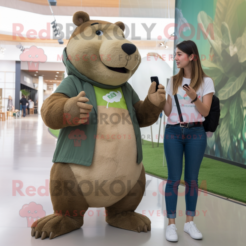Olive Capybara mascot costume character dressed with a Mom Jeans and Digital watches Olive Capybara mascot costume character dressed with a Mom Jeans and Digital watches