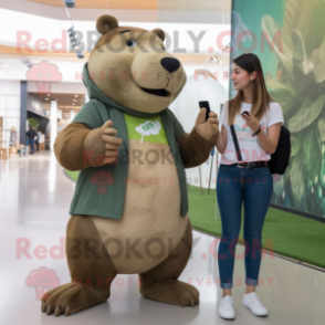 Olive Capybara mascot costume character dressed with a Mom Jeans and Digital watches