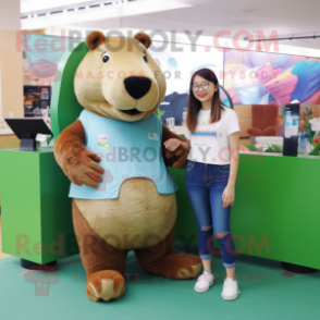 Olive Capybara mascot costume character dressed with a Mom Jeans and Digital watches