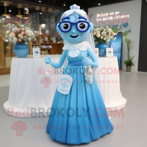 Blue Scented Candle mascot costume character dressed with a Wedding Dress and Reading glasses