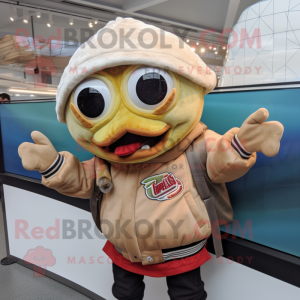 Tan Fish Tacos mascot costume character dressed with a Bomber Jacket and Beanies