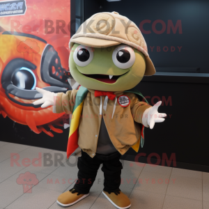 Tan Fish Tacos mascot costume character dressed with a Bomber Jacket and Beanies