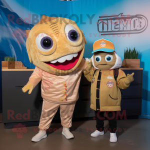 Tan Fish Tacos mascot costume character dressed with a Bomber Jacket and Beanies