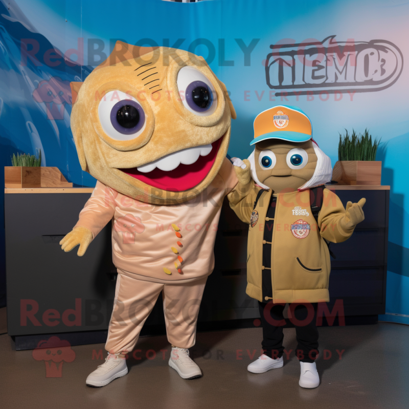 Tan Fish Tacos mascot costume character dressed with a Bomber Jacket and Beanies