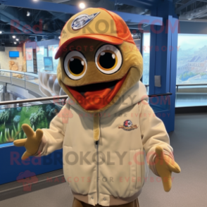 Tan Fish Tacos mascot costume character dressed with a Bomber Jacket and Beanies