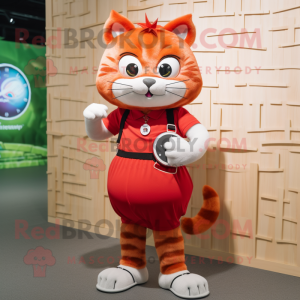 Red Cat mascot costume character dressed with a Pleated Skirt and Smartwatches