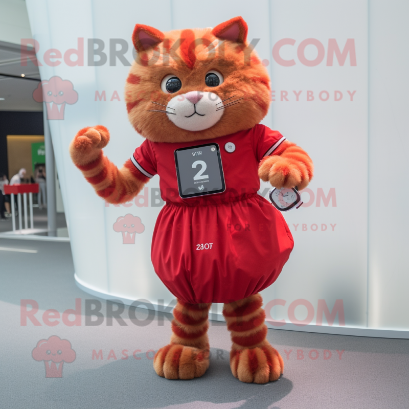 Red Cat mascot costume character dressed with a Pleated Skirt and Smartwatches