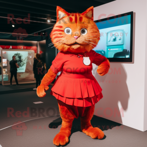 Red Cat mascot costume character dressed with a Pleated Skirt and Smartwatches