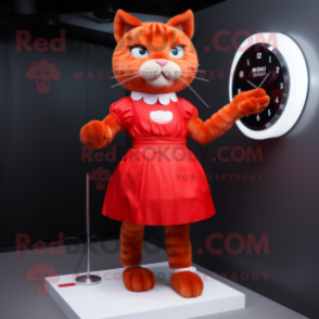 Red Cat mascot costume character dressed with a Pleated Skirt and Smartwatches