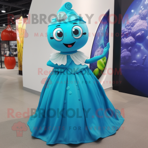 Cyan Ceviche mascot costume character dressed with a Ball Gown and Shoe laces