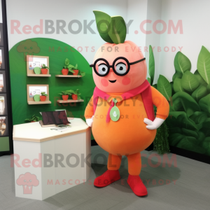 Peach Pepper mascot costume character dressed with a Cardigan and Eyeglasses