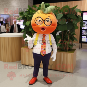 Peach Pepper mascot costume character dressed with a Cardigan and Eyeglasses