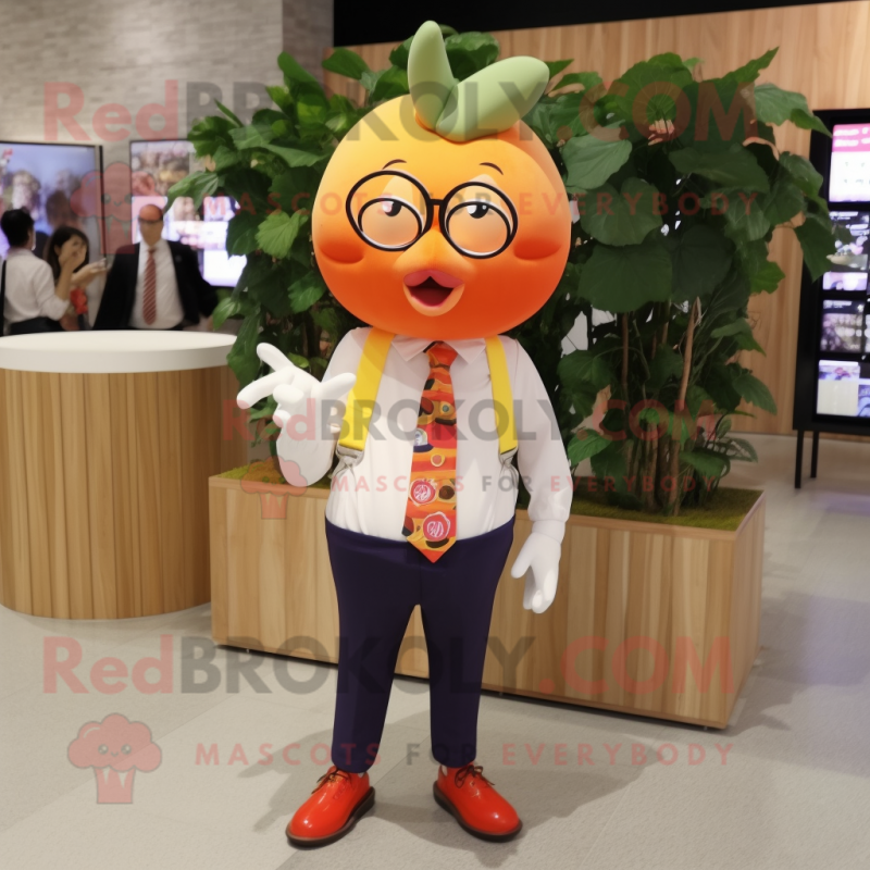 Peach Pepper mascot costume character dressed with a Cardigan and Eyeglasses Peach Pepper mascot costume character dressed with a Cardigan and Eyeglasses