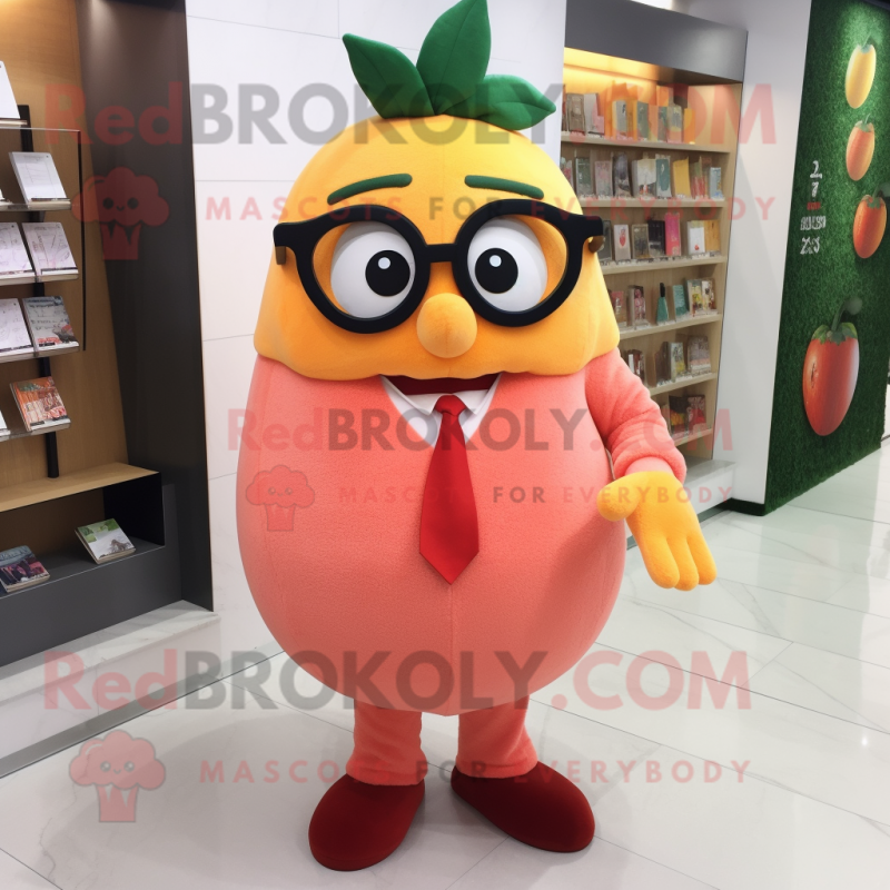 Peach Pepper mascot costume character dressed with a Cardigan and Eyeglasses