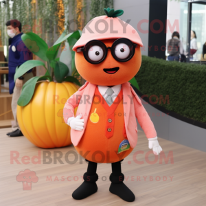 Peach Pepper mascot costume character dressed with a Cardigan and Eyeglasses