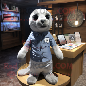 Silver Seal mascot costume character dressed with a Oxford Shirt and Headbands