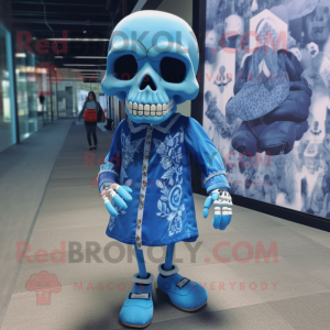 Blue Skull mascot costume character dressed with a Dress and Foot pads