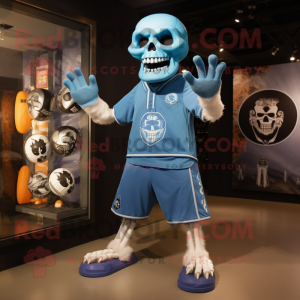 Blue Skull mascot costume character dressed with a Dress and Foot pads