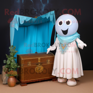 Cyan Treasure Chest mascot costume character dressed with a Wedding Dress and Shawls