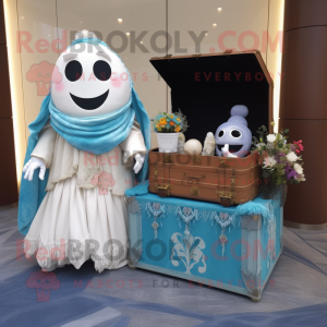 Cyan Treasure Chest mascot costume character dressed with a Wedding Dress and Shawls