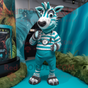 Teal Zebra mascot costume character dressed with a Polo Tee and Bracelet watches