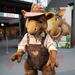 Brown Triceratops mascot costume character dressed with a Overalls and Hat pins