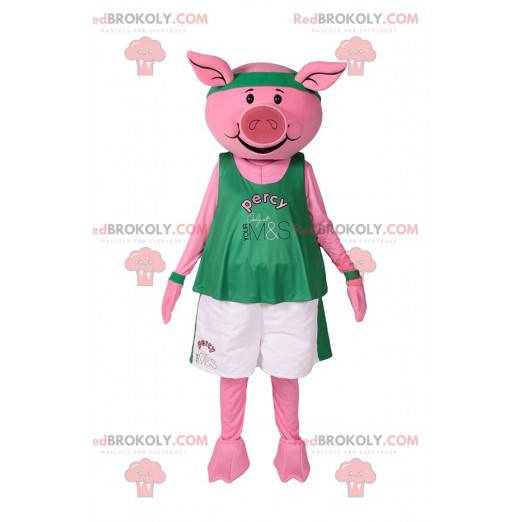 Schweinemaskottchen in Sportbekleidung. Schweinekostüm -