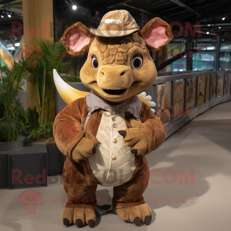 Brown Triceratops mascot costume character dressed with a Overalls and Hat pins