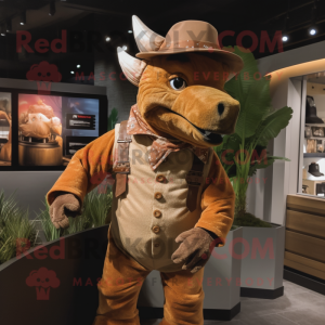 Brown Triceratops mascot costume character dressed with a Overalls and Hat pins