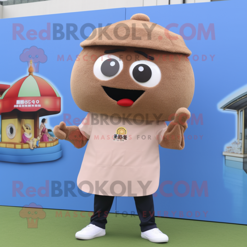 Brown Fried Rice mascot costume character dressed with a Polo Tee and Rings Brown Fried Rice mascot costume character dressed with a Polo Tee and Rings