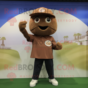 Brown Fried Rice mascot costume character dressed with a Polo Tee and Rings