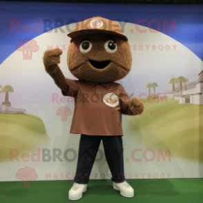 Brown Fried Rice mascot costume character dressed with a Polo Tee and Rings