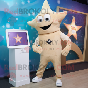 Beige Starfish mascot costume character dressed with a Hoodie and Digital watches