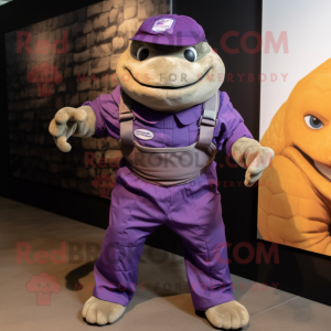 Purple Glyptodon mascot costume character dressed with a Overalls and Belts