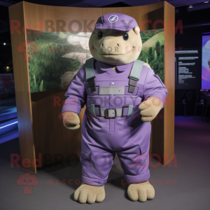 Purple Glyptodon mascot costume character dressed with a Overalls and Belts
