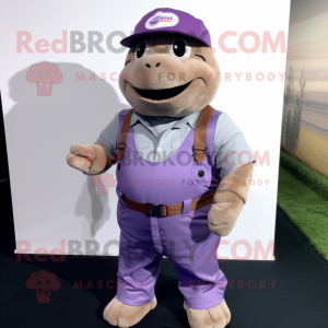 Purple Glyptodon mascot costume character dressed with a Overalls and Belts