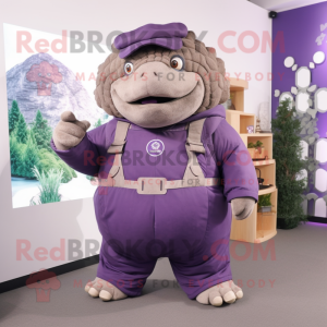 Purple Glyptodon mascot costume character dressed with a Overalls and Belts