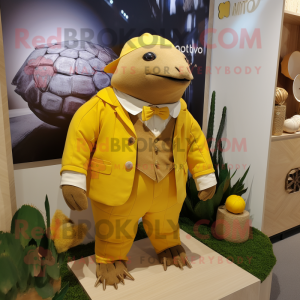 Yellow Glyptodon mascot costume character dressed with a Culottes and Lapel pins