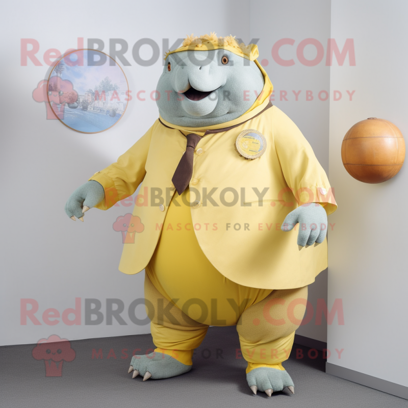 Yellow Glyptodon mascot costume character dressed with a Culottes and Lapel pins